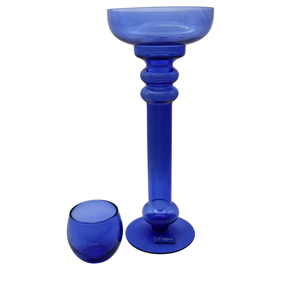 Elements Cobalt Blue Glass Pillar Candle Holder Set Pedestal Votive Stand 11in